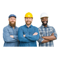Three Smiling Construction Workers in Blue Shirts and Jeans Wearing Safety Helmets, Isolated on White Background