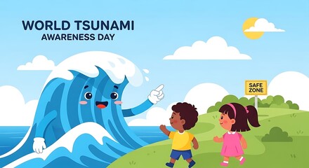 World Tsunami Awareness Day Illustration with Wave Character and Children Evacuating to Safe Zone