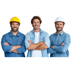 Three Smiling Construction Workers in Blue Shirts and Jeans Wearing Safety Helmets, Isolated on White Background 