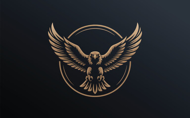 Golden eagle emblem with spread wings in a circular frame, showcasing a vintage design on a dark background, perfect for logos, badges, or decorative elements with a touch of classic style