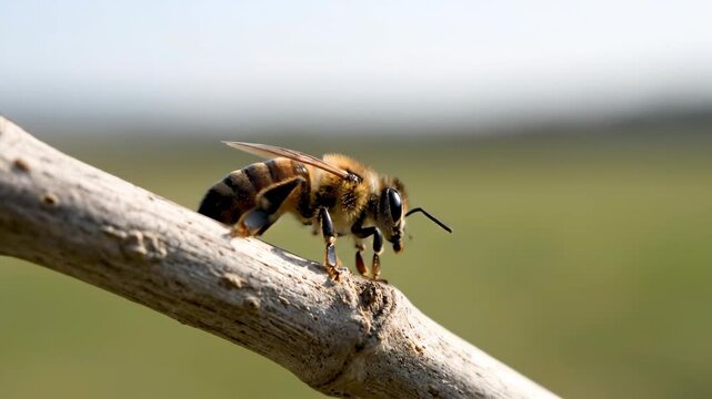 Close-up of a honey bee resting on a dry tree branch in a natural outdoor setting.