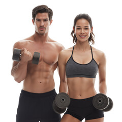 Fit Man and Woman Doing Dumbbell Bicep Curls Together, Isolated on White Background 