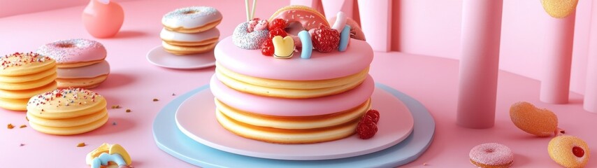 Whimsical Pink Pancake and Donut Tower with Fruity Toppings on Pastel Background