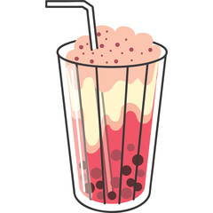 Strawberry Bubble Tea With Creamy Topping And Dark Boba Pearls In A Tall Clear Glass With White Straw On Transparent Background