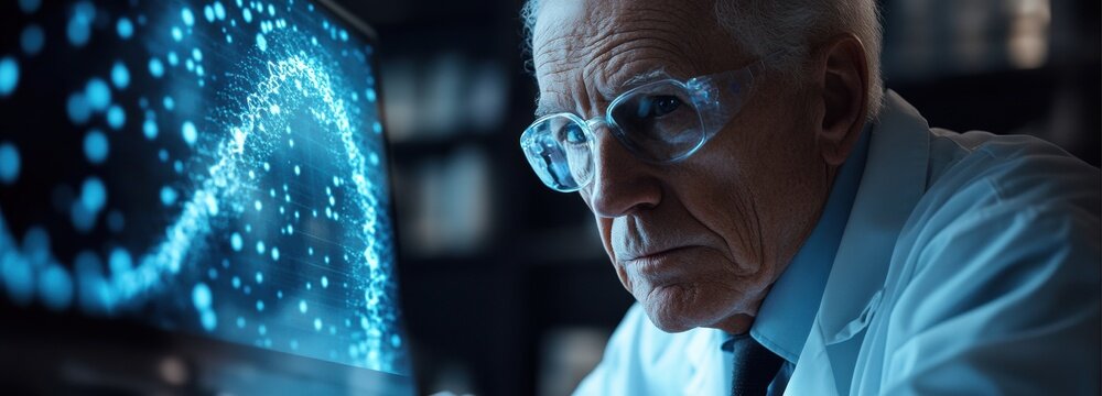 Elderly scientist in lab coat examines data on computer screen during late evening research session