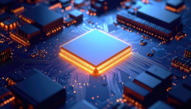 Close up of a glowing central computer processor chip with intricate circuitry and small orange lights on a dark blue motherboard