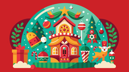 festive Christmas scene featuring various decorations, gifts, and holiday items creating a joyful atmosphere..eps