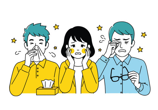 Allergy sufferers experiencing symptoms with pollen floating around them - Flat Vector Illustration. Colored vector illustration