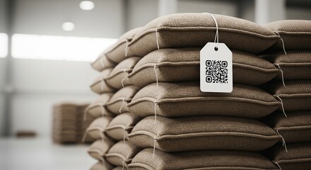 Stack of Traditional Rice Bags with Modern Tags