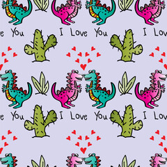 Obraz premium Seamless pattern with cute dinosaurs and lettering. Vector illustration.