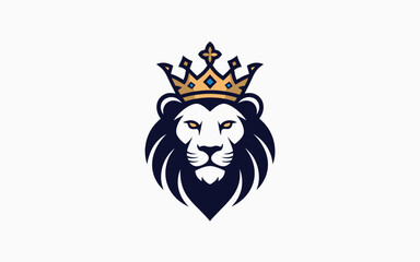 A regal lion head illustration isolated on white background, featuring a majestic crown atop its head, symbolizing power, strength, and nobility in a minimalist and modern design approach