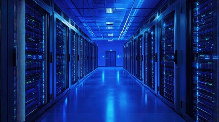 Fototapeta premium The empty, quiet data center of a web hosting company, with rows of server racks from different clients, each with a small, discreet logo.