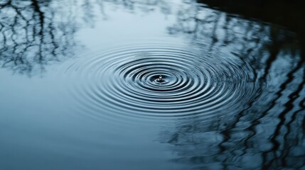 Fototapeta premium The perfect, concentric ripples expanding from a single drop of rain in a still, dark pond, reflecting the overcast sky, a meditation on cause and effect, minimalist. 