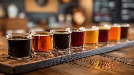 A wooden table with a tray of colorful beer samples.