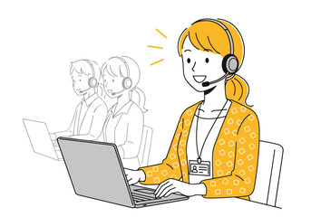 Customer service representative working on laptop with headset and blurred colleagues behind - Flat Vector Illustration. Colored vector illustration