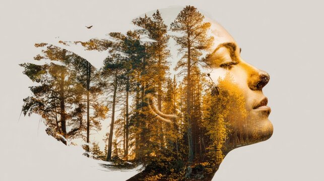 A woman's face with a forest image superimposed on it, evoking a sense of nature and tranquility.