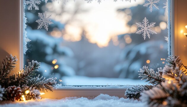 Frosted Christmas Window with Garland – Snowflake Pattern Background - Powered by Adobe