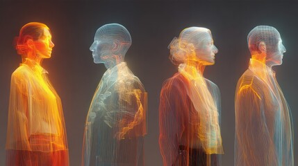 Abstract illustration of human figures with a wireframe effect showing futuristic technology