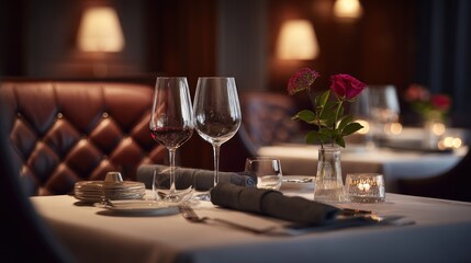 A meticulously set dining table with elegant tableware, including wine glasses, plates, and a vase of flowers, in a dimly lit restaurant setting.