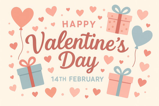 A beautifully composed greeting for the fourteenth of February, featuring elegant gift boxes, heart balloons, and romantic confetti