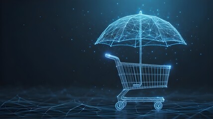 Consumer rights concept with shopping card and protective umbrella in futuristic style on dark blue