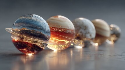 Planets in a row, with rings made of glass, in a 3D render, close-up view