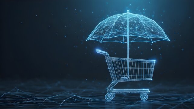 Consumer rights concept with shopping card and protective umbrella in futuristic style on dark blue