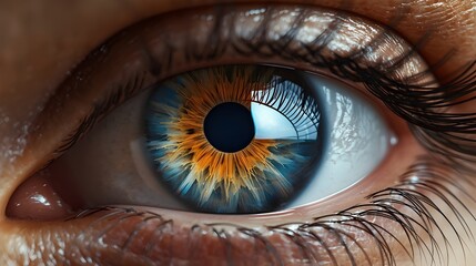 A detailed closeup of a human eye with intricate patterns and reflections