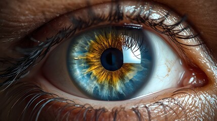 A detailed closeup of a human eye with intricate patterns and reflections