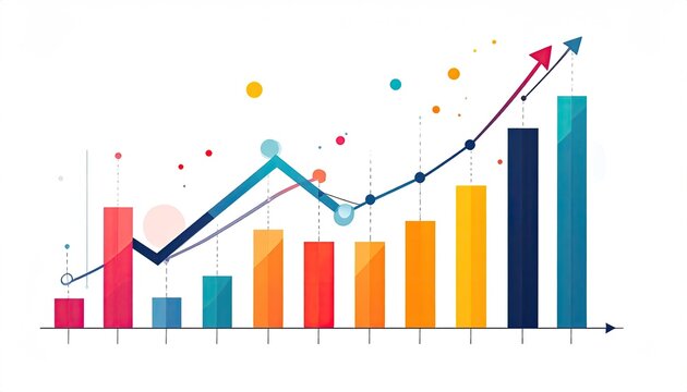 Rising graph with colorful bars and dots, upward arrow
