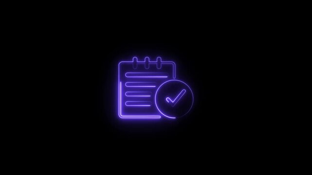 Purple neon checklist icon with a checkmark on a black background Keywords: checklist, icon, task, to-do list, done, completed, success, approved, confirmation, agreement, document, paper, list