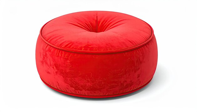 Round, bright red, plush, cushioned pouf on a white surface