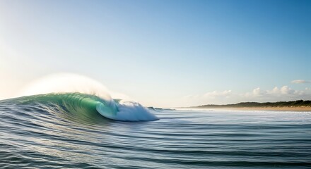 Powerful Ocean Wave Breaking with Sunlight Reflecting on Water During Daytime