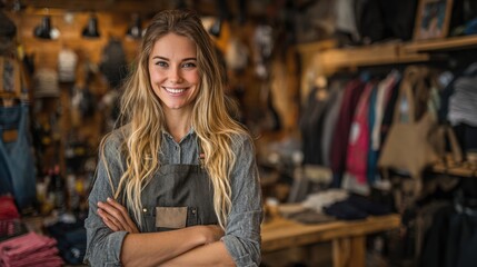 Fototapeta premium A smiling woman in an apron standing in a clothing store.