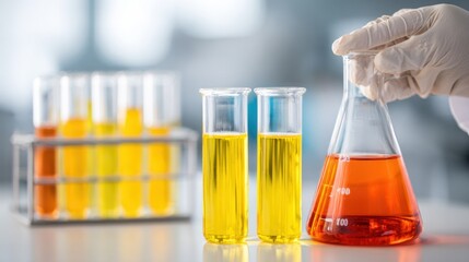 A hand holding a flask with a yellow liquid, with test tubes in the background.