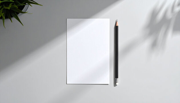 Minimalist composition of a blank notepad and pencil on a white surface.