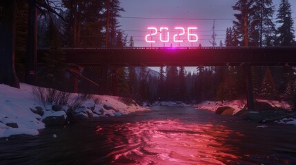 Neon Digital Year Display 2026 Illuminated Over Snowy Forest Bridge at Night