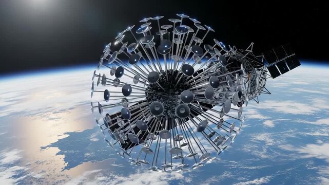 Futuristic satellite with a spherical array orbiting above the earth