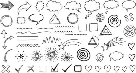 Hand Drawn Sketch Doodles, Arrows, Stars, Hearts, Shapes, Bubbles on White Background