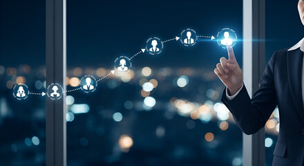 Conceptual Businesswoman Pointing at Digital Customer Journey Icons in Office