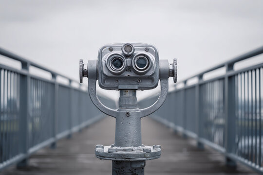 Binoculars on a bridge overlooking a foggy landscape offering a view of the distant horizon