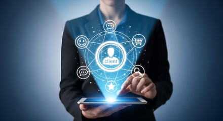 Modern Client Relationship Management Hologram on Tablet with Business Icons