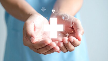 Health insurance and medical welfare concept. Hand with plus sign and medical icons, health and access to healthcare Get people interested in health care