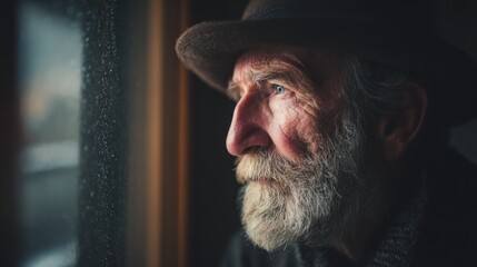 An elderly man with a beard and hat, looking out a window with raindrops on the glass.