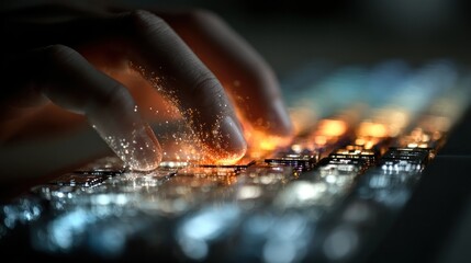 Abstract futuristic image of a hand typing on a glowing keyboard representing technology