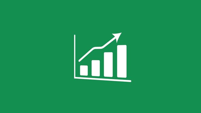 White bar chart with upward trend arrow on green background graph