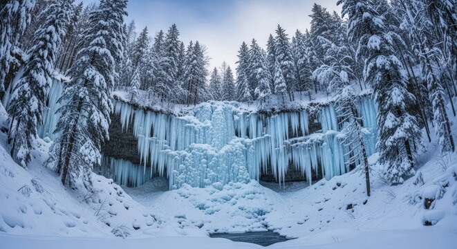 A frozen waterfall with icicles, surrounded by snow-laden trees, majestic, winter landscape