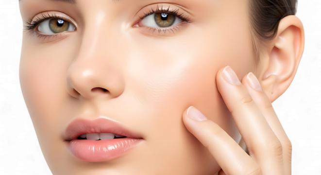 Beautiful woman with natural makeup touching her face isolated on transparent background