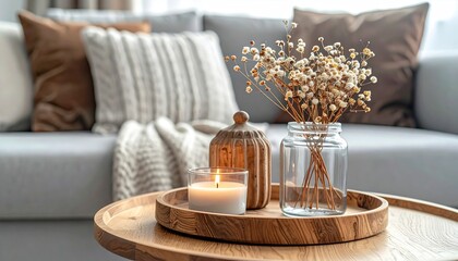 Obraz premium Home interior decor in gray and brown colors: glass jar with dried flowers, vase and candle on the wooden tray on the coffee table over sofa. Living room decoration.