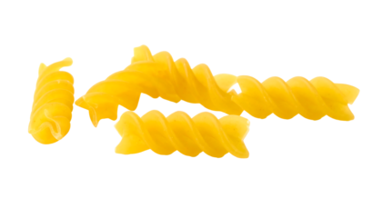 A single curved stalk of mature rice with golden grains hanging down, isolated on a white background